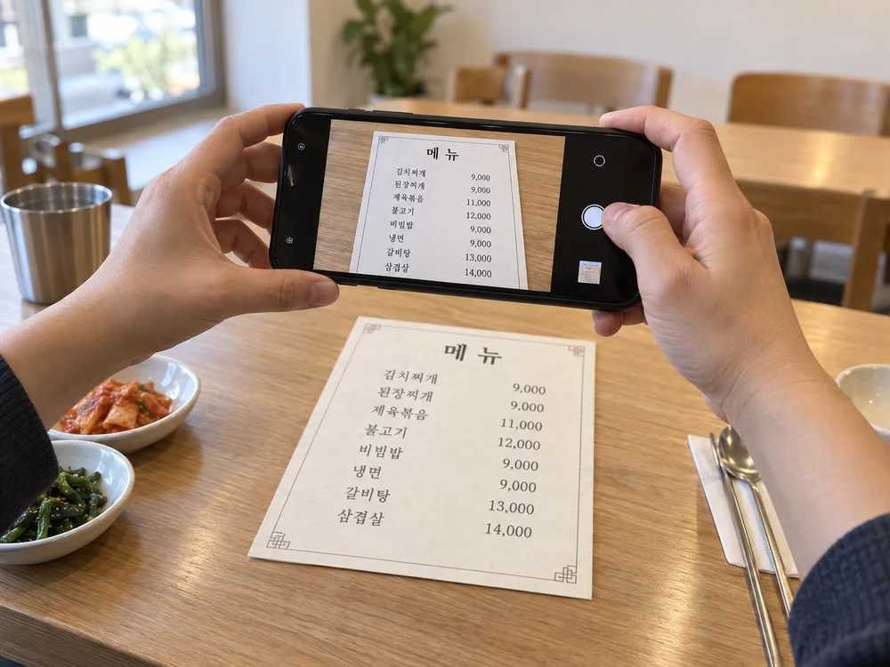 메뉴판 전체를 휴대전화로 촬영하는 이용 상황 예시